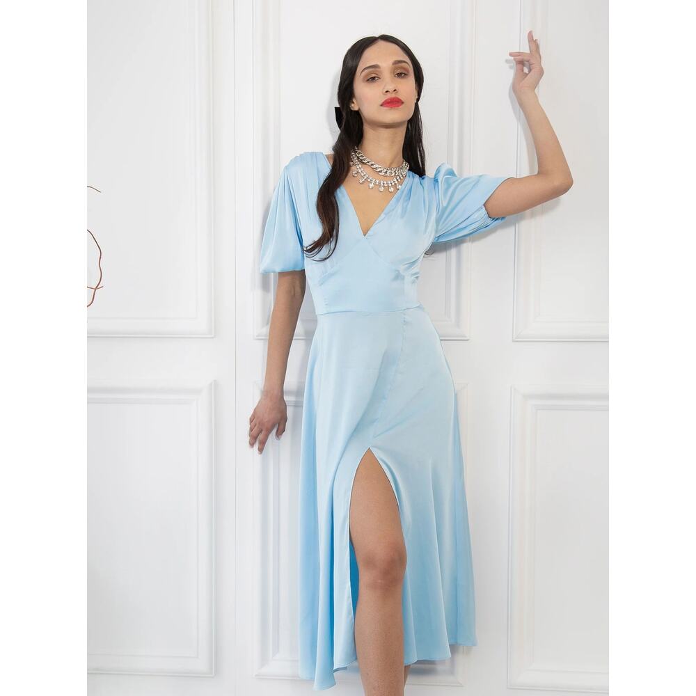 Alexia Admor Satin Midi Dress Blue Puff Sleeve Wrap Slit NWT Size 10